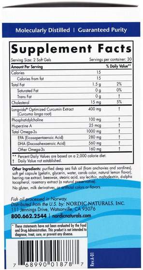 補充劑，抗氧化劑，薑黃素，健康，記憶支持 - Nordic Naturals, Omega Memory with Curcumin, 975 mg, 60 Soft Gels