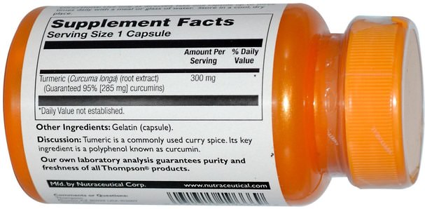 補充劑，抗氧化劑，薑黃素 - Thompson, Turmeric Curcumin, 300 mg, 60 Capsules
