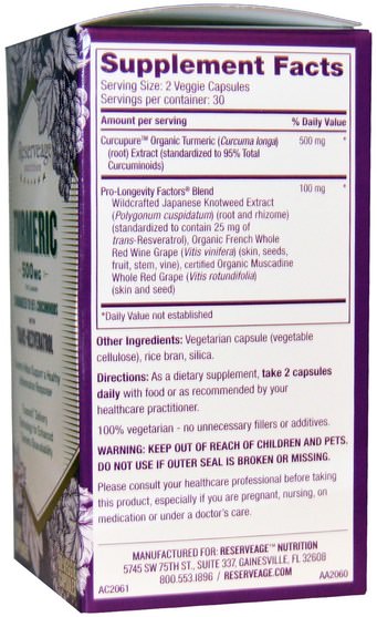 補充劑，抗氧化劑，薑黃素，薑黃 - ReserveAge Nutrition, Turmeric, with Trans-Resveratrol, 500 mg, 60 Veggie Caps