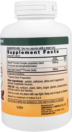 補充劑，抗氧化劑，薑黃素 - Wakunaga - Kyolic, Aged Garlic Extract, Inflamation Response, Curcumin, 150 Capsules