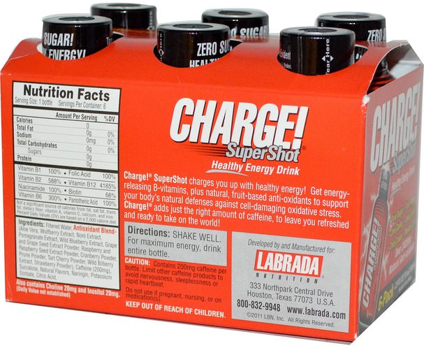 補充劑，抗氧化劑，能量飲料混合 - Labrada Nutrition, Charge! Super Shots, 6-Pack, 2.5 fl oz (75 ml) Each