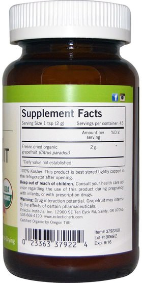 補充劑，抗氧化劑，纖維，葡萄柚 - Eclectic Institute, Grapefruit Powder, Raw, 3.2 oz (90 g)