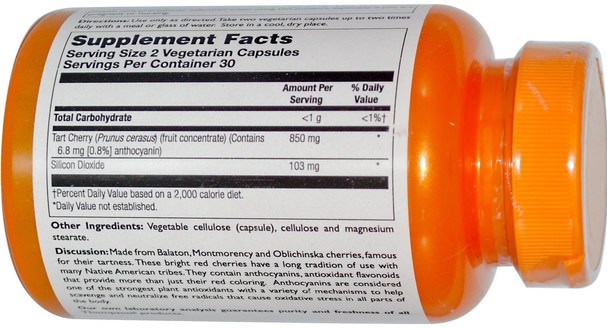 補充劑，抗氧化劑，水果提取物，櫻桃（水果黑野） - Thompson, Tart Cherry, 425 mg, 60 Veggie Caps