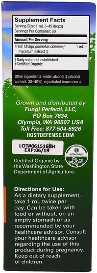 補充劑，抗氧化劑 - Fungi Perfecti, Host Defense Mushrooms, Organic Chaga Extract, Antioxidant & DNA Support, 2 fl oz (60 ml)