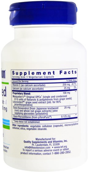 補充劑，抗氧化劑，葡萄籽提取物 - Life Extension, Grapeseed Extract, with Resveratrol & Pterostilbene, 100 mg, 60 Veggie Caps