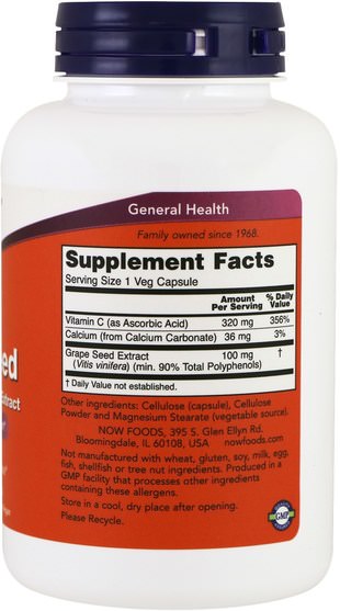 補充劑，抗氧化劑，葡萄籽提取物 - Now Foods, Grape Seed, Standardized Extract, 100 mg, 200 Veg Capsules