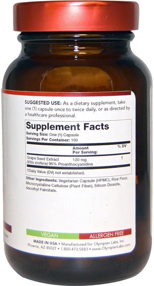 補充劑，抗氧化劑，葡萄籽提取物 - Olympian Labs Grape Seed Extract, 120 mg, 100 Vegetarian Capsules