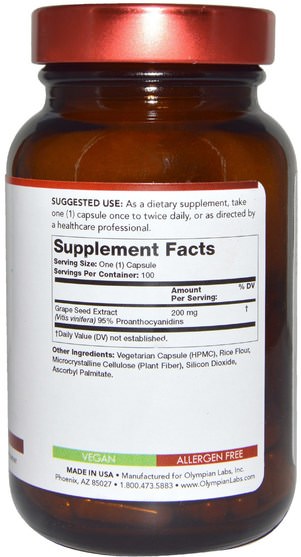 補充劑，抗氧化劑，葡萄籽提取物 - Olympian Labs Grape Seed Extract, 200 mg, 100 Vegetarian Capsules