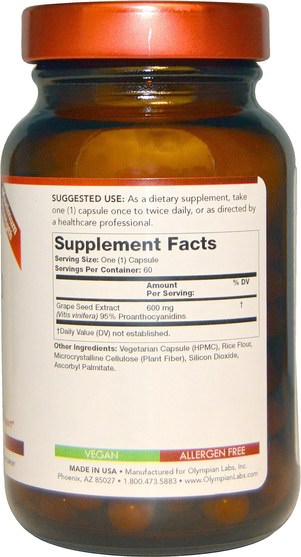 補充劑，抗氧化劑，葡萄籽提取物 - Olympian Labs Grape Seed Extract, Maximum Strength, 600 mg, 60 Vegetarian Capsules