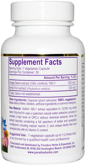 補充劑，抗氧化劑，葡萄籽提取物 - Paradise Herbs, ActiVin, Grape Seed Extract, 30 Veggie Caps