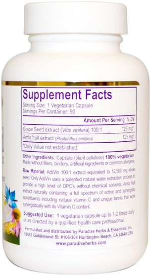 補充劑，抗氧化劑，葡萄籽提取物 - Paradise Herbs, ActiVin, Grape Seed Extract, 90 Veggie Caps