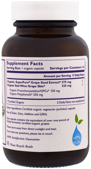 補充劑，抗氧化劑，葡萄籽提取物 - The Synergy Company, Pure Synergy, Organic Super Pure Grape Seed Organic Extract, 60 Organic Vegetarian Caps
