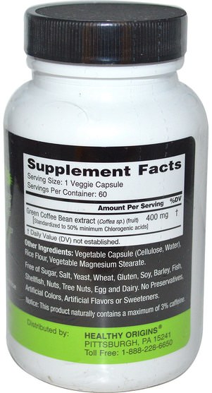 補充劑，抗氧化劑，綠咖啡豆提取物 - Healthy Origins, Green Coffee Bean Extract, 400 mg, 60 Veggie Capsules