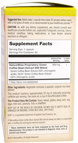 補充劑，抗氧化劑，綠咖啡豆提取物 - NatureWise, Green Coffee Bean Extract 800, 60 Veggie Caps