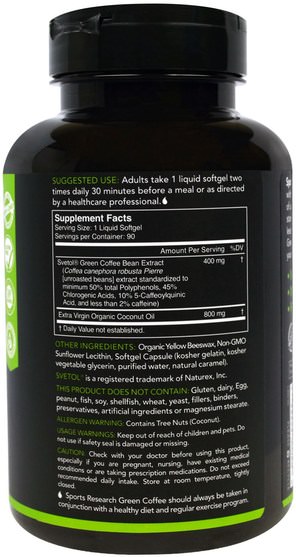 補充劑，抗氧化劑，綠咖啡豆提取物 - Sports Research, Green Coffee Bean Extract, 400 mg, 90 Softgels