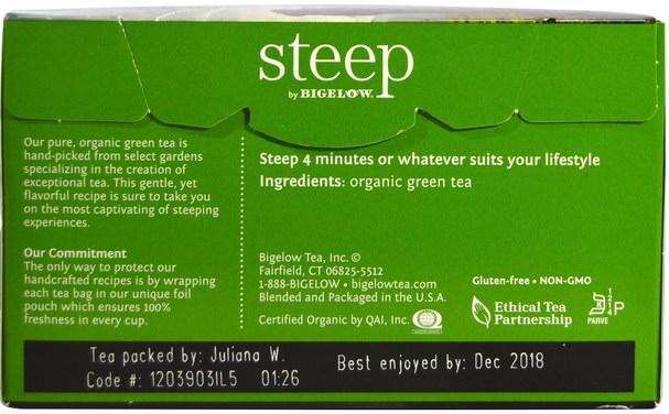 補充劑，抗氧化劑，綠茶 - Bigelow, Steep, Organic Pure Green Tea, 20 Tea Bags, 0.91 oz (25 g)