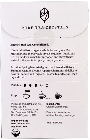 補充劑，抗氧化劑，綠茶，食品，涼茶 - Pique Tea, Jasmine, Organic Green Tea, 14 Sachets, 0.3 oz (8.4 g)