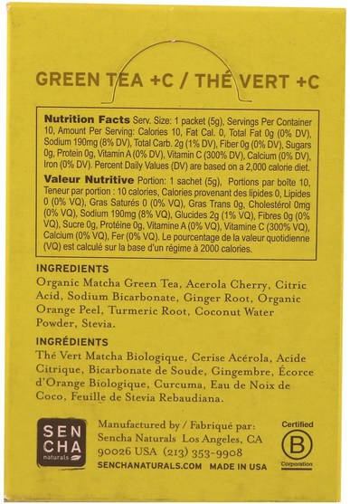 補充劑，抗氧化劑，綠茶，食品，涼茶 - Sencha Naturals, Green Tea + C, Original, 10 Packets, 1.8 oz (50 g) Each