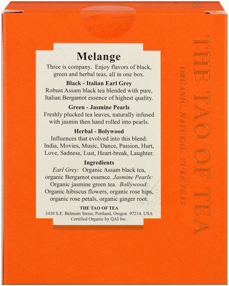 補充劑，抗氧化劑，綠茶，食品，涼茶 - The Tao of Tea, Organic Melange, Three Assorted Varieties, 15 Pyramid Sachets, 1.32 oz (37.5 g)