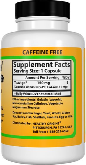 補充劑，抗氧化劑，綠茶，草藥，egcg - Healthy Origins, Teavigo, Caffeine Free, 150 mg, 60 Capsules