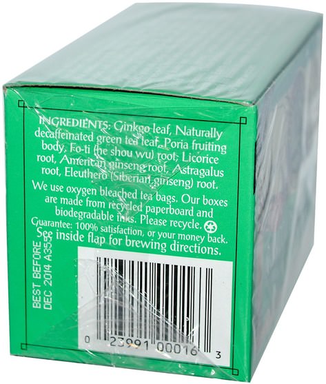 補充劑，抗氧化劑，綠茶，草藥，銀杏葉 - Triple Leaf Tea, Ginkgo & Decaf Green Tea, 20 Tea Bags, 1.4 oz (40 g)