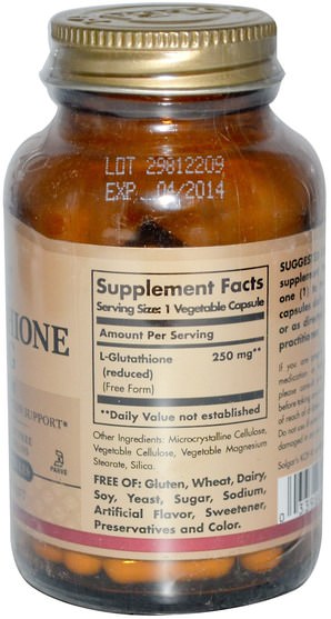 補充劑，抗氧化劑，穀胱甘肽 - Solgar, Reduced L-Glutathione, Free Form, 250 mg, 60 Vegetable Capsules