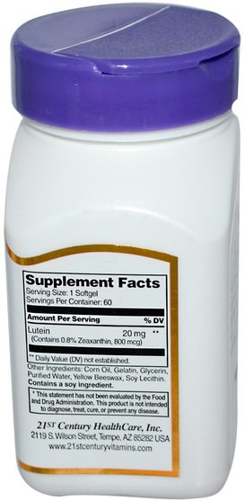 補充劑，抗氧化劑，葉黃素 - 21st Century, Lutein, 20 mg, 60 Softgels