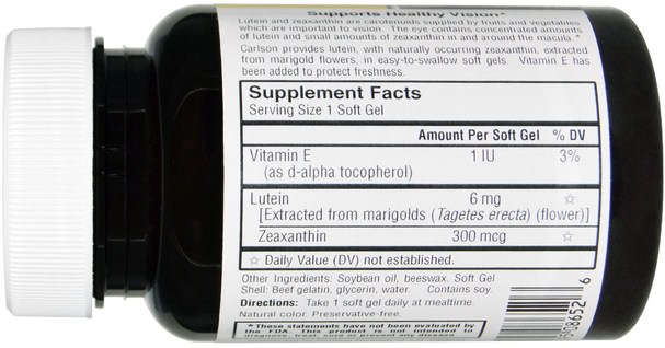 補充劑，抗氧化劑，葉黃素 - Carlson Labs, Lutein, 6 mg, 180 Soft Gels