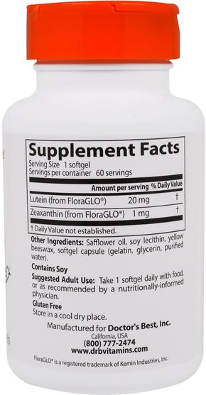 補充劑，抗氧化劑，葉黃素，類胡蘿蔔素，玉米黃質 - Doctors Best, Lutein with FloraGlo Lutein, 20 mg, 60 Softgels