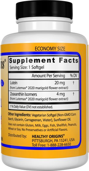 補充劑，抗氧化劑，葉黃素 - Healthy Origins, Lutein, Natural, 20 mg, 180 Veggie Softgels