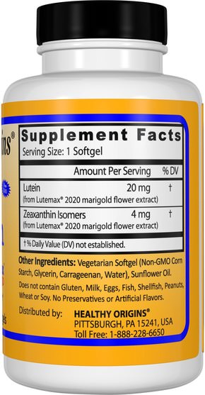 補充劑，抗氧化劑，葉黃素 - Healthy Origins, Lutein, Natural, 20 mg, 60 Veggie Softgels