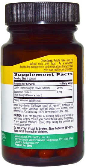 補充劑，抗氧化劑，葉黃素，維生素 - Country Life, Lutein, 20 mg, 60 Softgels