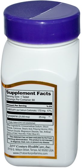 補充劑，抗氧化劑，番茄紅素 - 21st Century, Lycopene, Maximum Strength, 25 mg, 60 Tablets