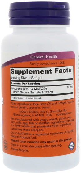 補充劑，抗氧化劑，番茄紅素，類胡蘿蔔素 - Now Foods, Lycopene, 10 mg, 60 Softgels