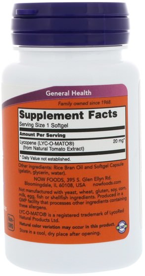 補充劑，抗氧化劑，番茄紅素，類胡蘿蔔素 - Now Foods, Lycopene, 20 mg, 50 Softgels