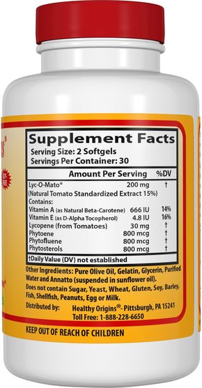 補充劑，抗氧化劑，番茄紅素 - Healthy Origins, Lyc-O-Mato, Tomato Lycopene Complex, 15 mg, 60 Softgels