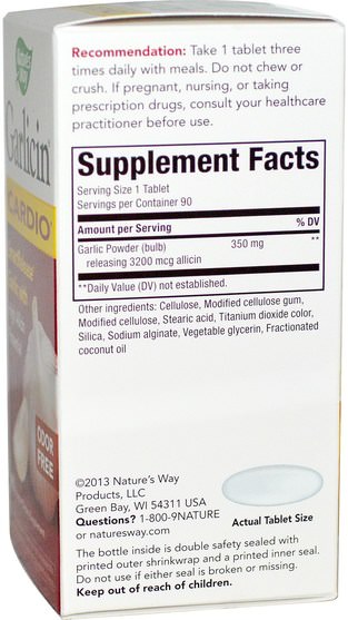 補充劑，抗氧化劑 - Natures Way, Garlicin, Cardio, Odor Free, 90 Tablets