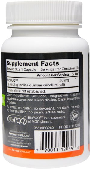 補充劑，抗氧化劑，pqq（biopqq），抗衰老 - Jarrow Formulas, PQQ (Pyrroloquinoline Quinone), 20 mg, 60 Capsules