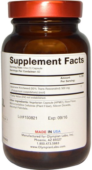 補充劑，抗氧化劑，白藜蘆醇 - Olympian Labs Clinical Trans-Resveratrol, 500 mg, 60 Veggie Caps