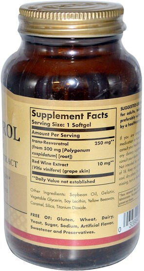 補充劑，抗氧化劑，白藜蘆醇 - Solgar, Resveratrol, 250 mg, 60 Softgels
