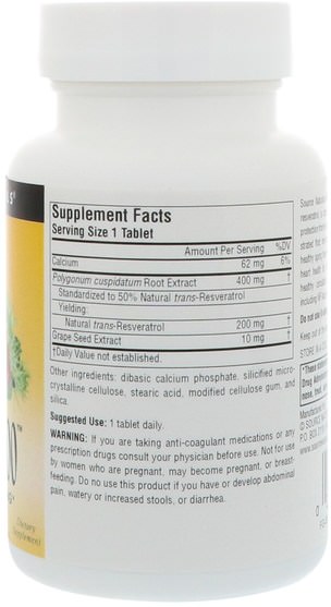 補充劑，抗氧化劑，白藜蘆醇 - Source Naturals, Resveratrol 200, 200 mg, 60 Tablets