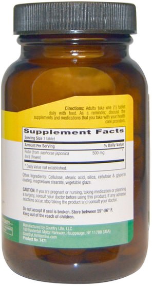 補充劑，抗氧化劑，蘆丁，維生素 - Country Life, Rutin, 500 mg, 100 Tablets
