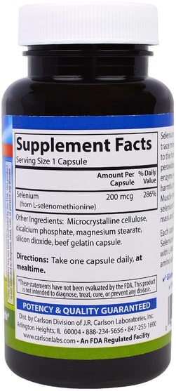 補充劑，抗氧化劑，硒 - Carlson Labs, Selenium, 200 mcg, 180 Capsules