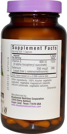 補充劑，抗氧化劑，硒，維生素E +硒，維生素 - Bluebonnet Nutrition, Dry E-400 IU, Plus Selenium, 120 Vcaps