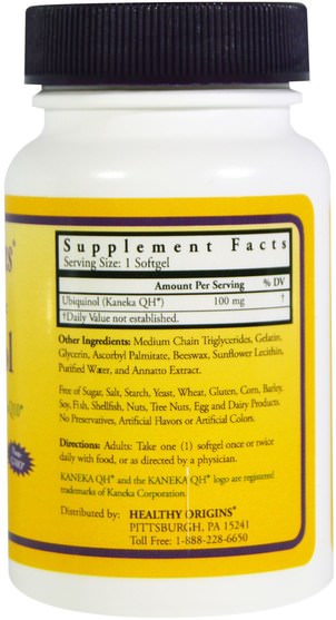 補充劑，抗氧化劑，泛醇qh，泛醇coq10 - Healthy Origins, Ubiquinol, Kaneka QH, 100 mg, 7 Softgels
