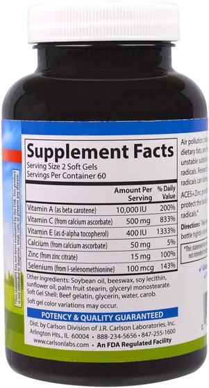 補充劑，抗氧化劑，維生素 - Carlson Labs, Aces + Zn, 120 Soft Gels