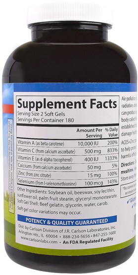 補充劑，抗氧化劑，維生素 - Carlson Labs, Aces + Zn, 360 Soft Gels