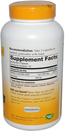 補充劑，抗氧化劑，維生素 - Natures Way, Vitamin C-500 with Rose Hips, 250 Capsules
