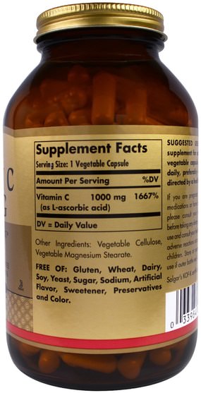補充劑，抗氧化劑，維生素 - Solgar, Vitamin C, 1000 mg, 250 Vegetable Capsules