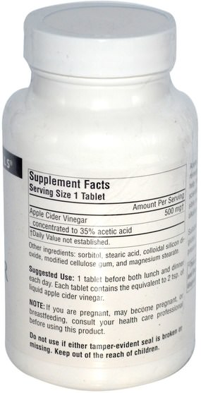 補充劑，蘋果醋 - Source Naturals, Apple Cider Vinegar, 500 mg, 180 Tablets